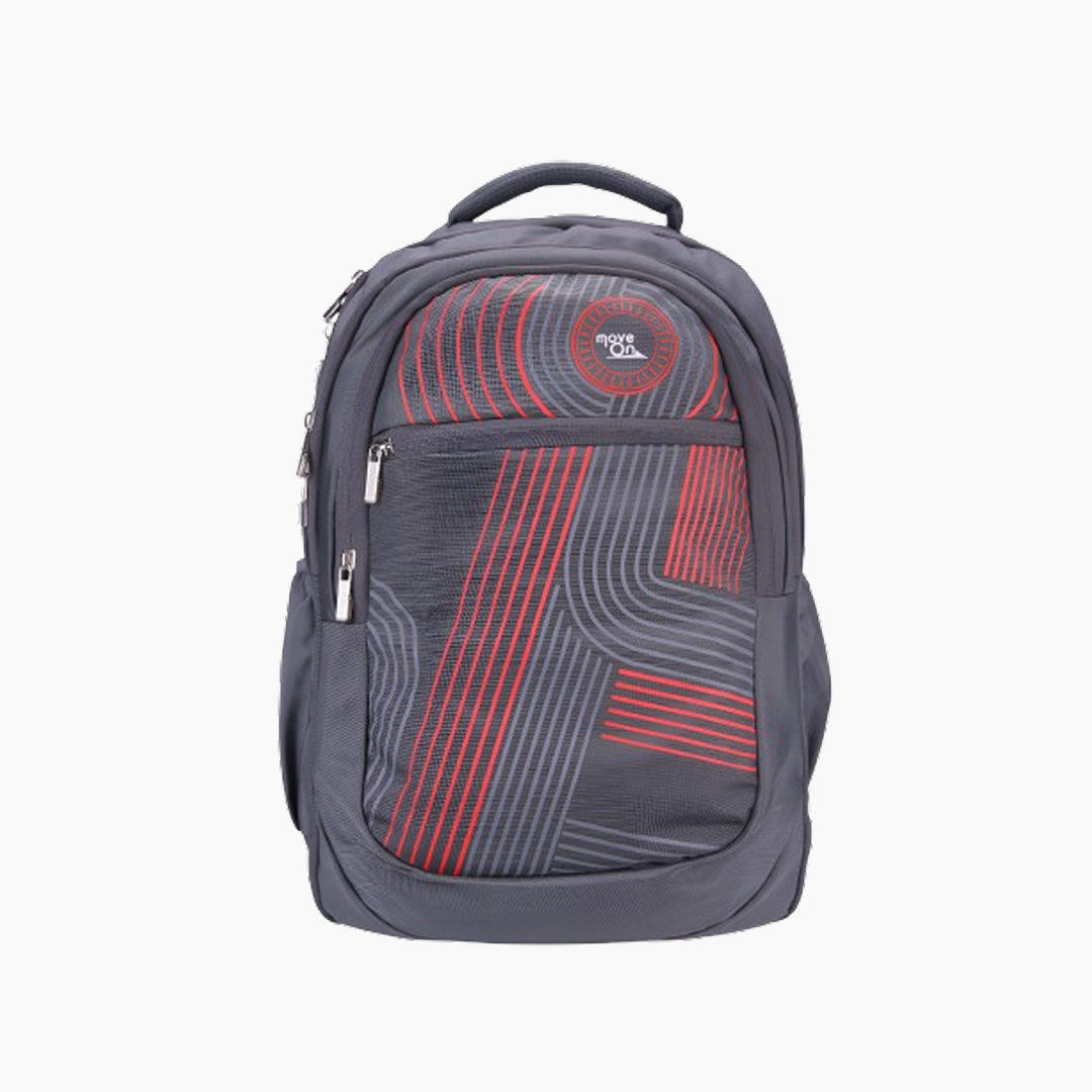 Gray backpack with red patterns on a white background -Grey