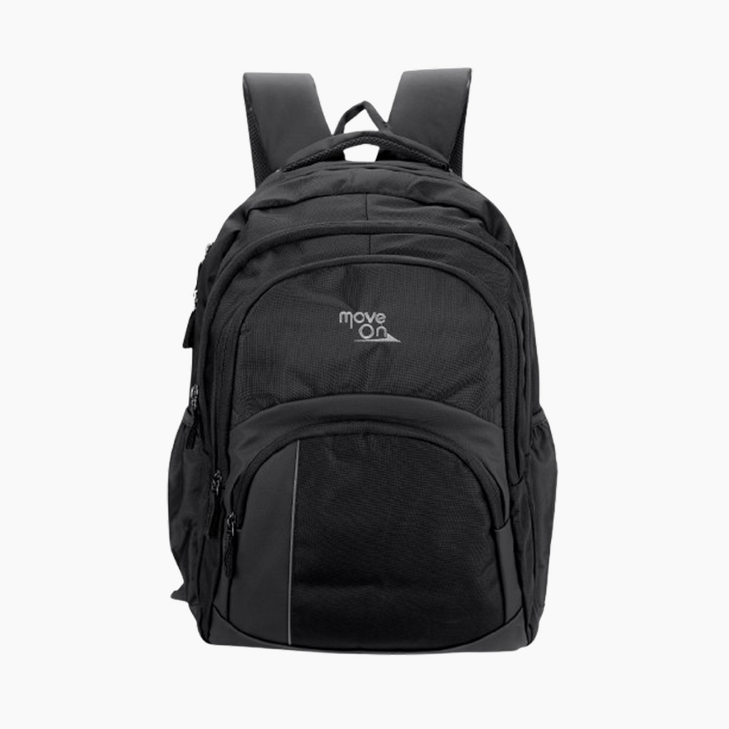 Black backpack with 'move on' logo on a white background -Black