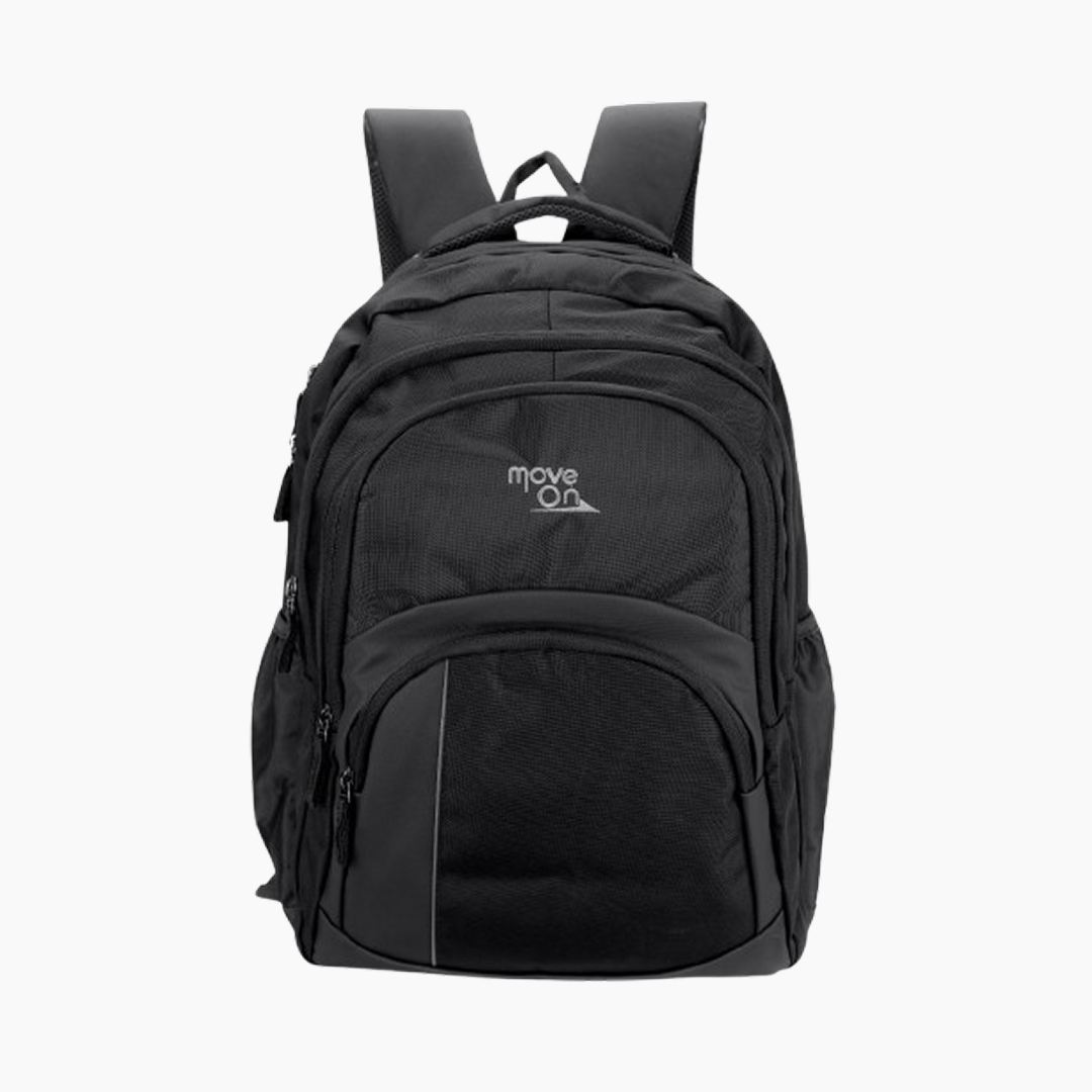 Black backpack with 'move on' logo on a white background -Black