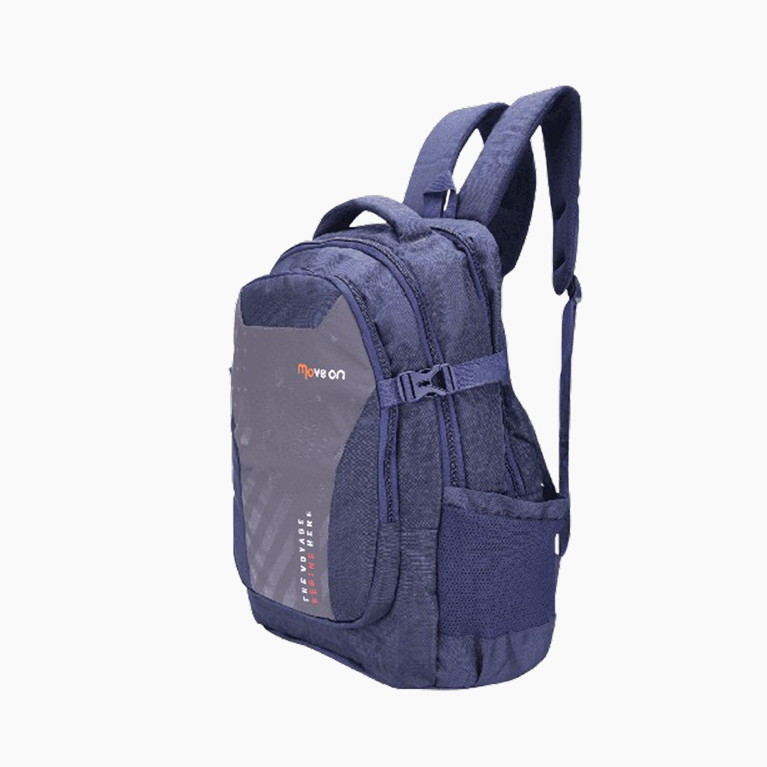 Blue backpack with gray accents on a white background -Navy