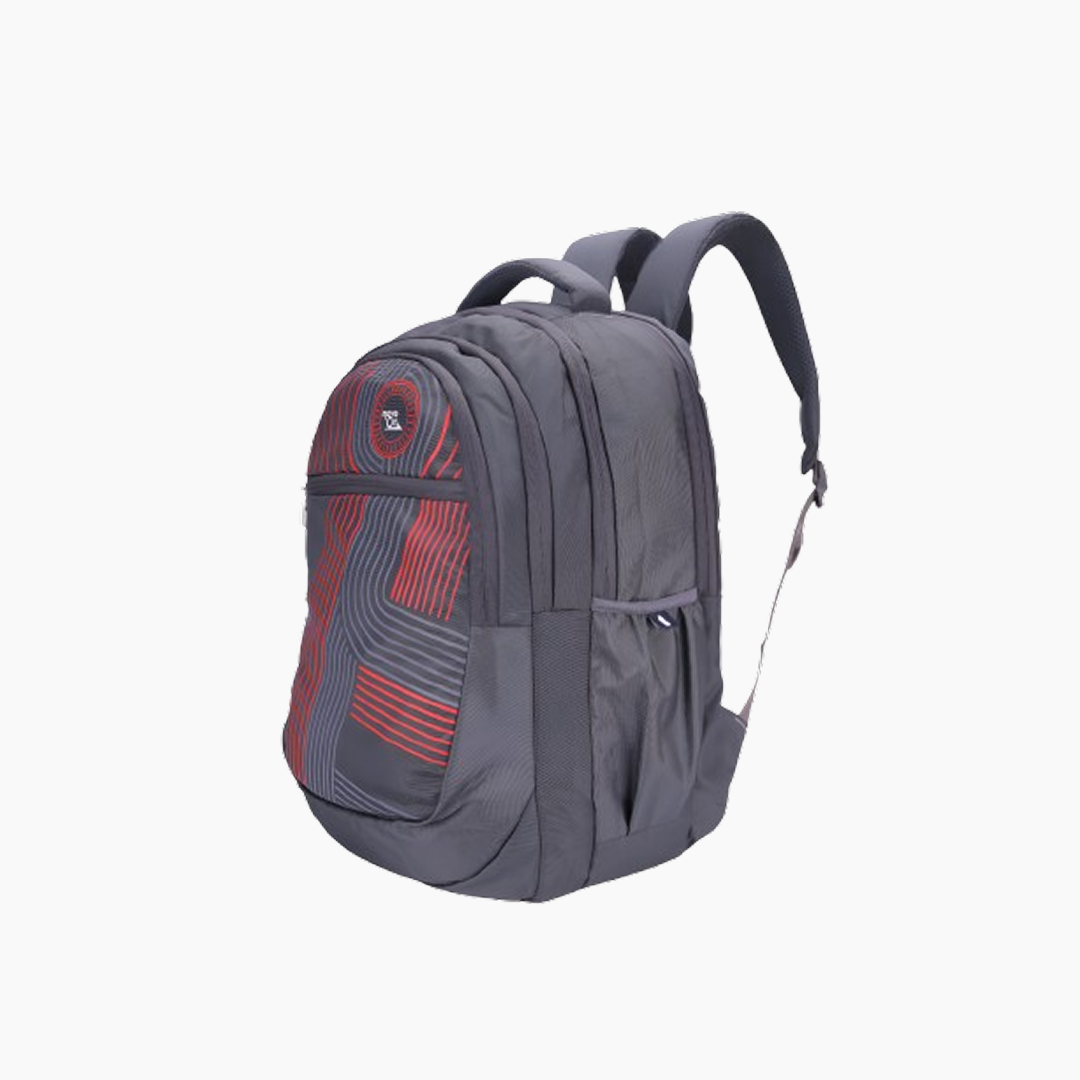 Gray backpack with red and black pattern on a white background -Grey
