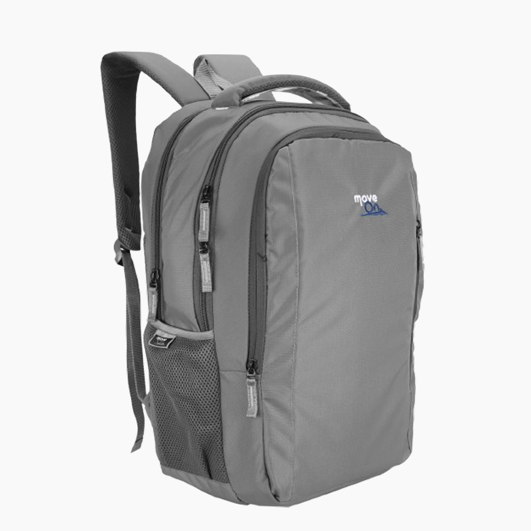 Gray backpack with visible brand logo on a white background -Gray