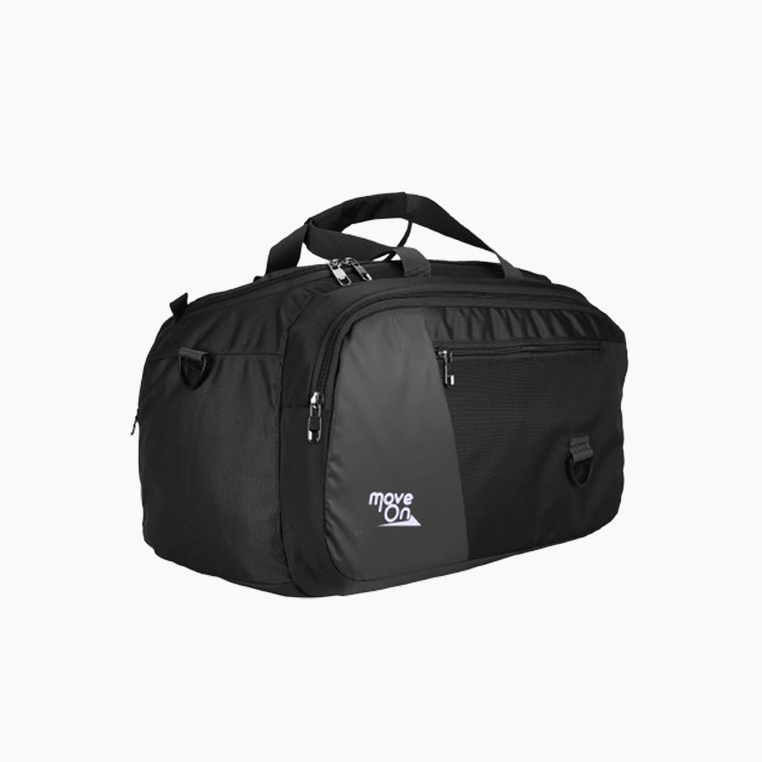 Black duffel bag with 'move on' logo on a white background -Black