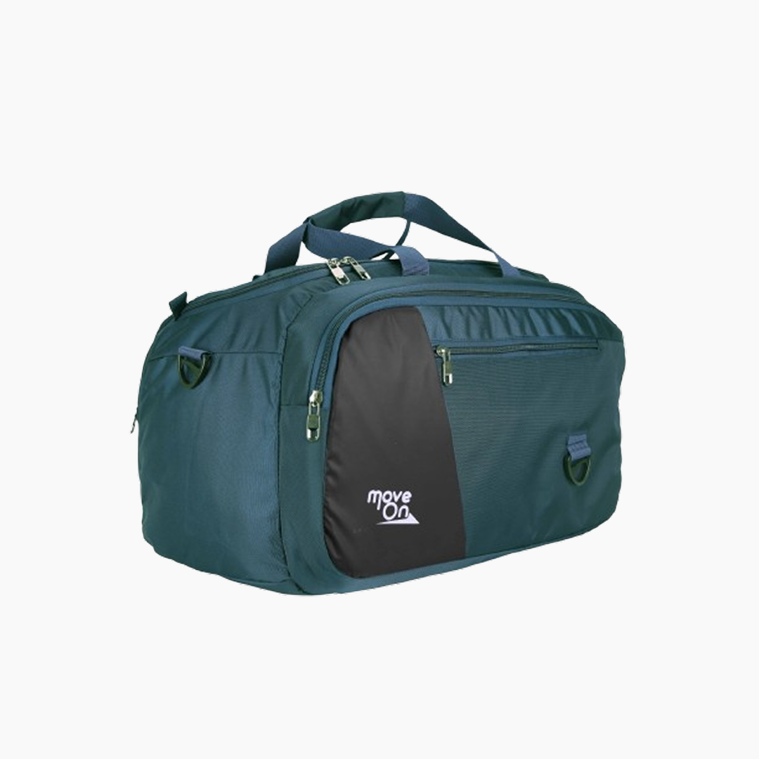 Green duffel bag with a black compartment and 'moveOn' logo on a white background -Green