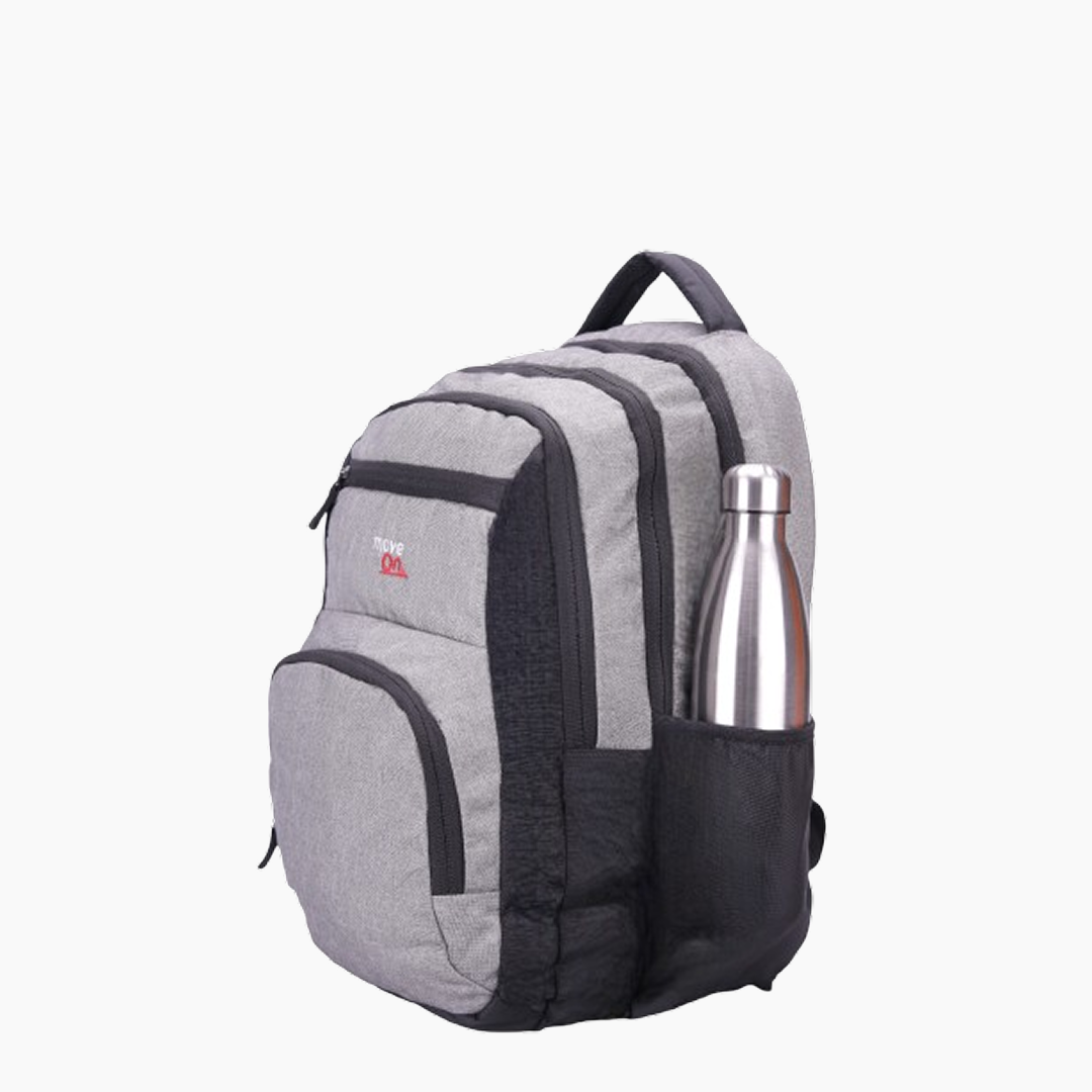 Gray backpack with a water bottle in a pocket on a white background Off White