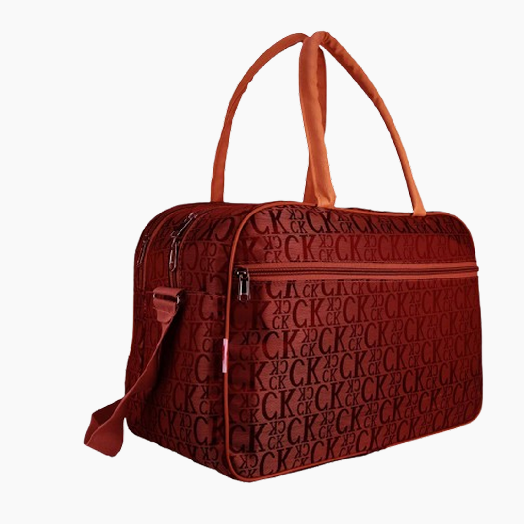 Brown duffel bag with brand logo pattern on a white background -Red