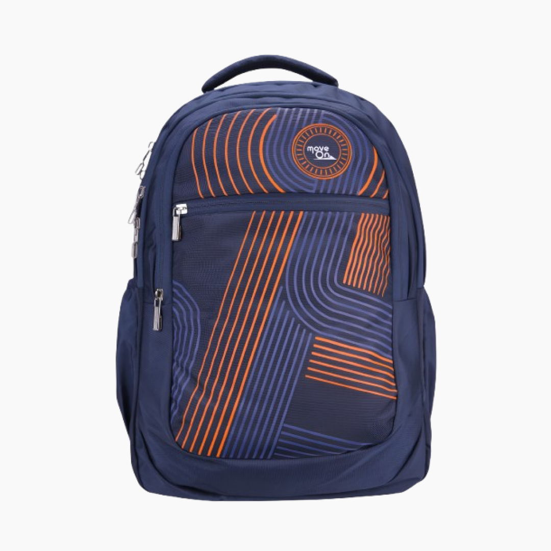 Blue backpack with orange geometric patterns on a white background  -Navy