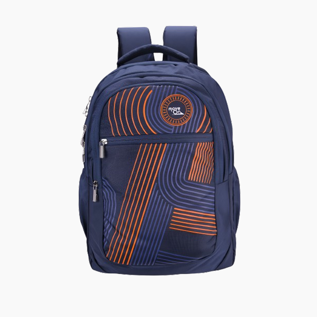 Navy blue backpack with orange patterns on a white background -Navy