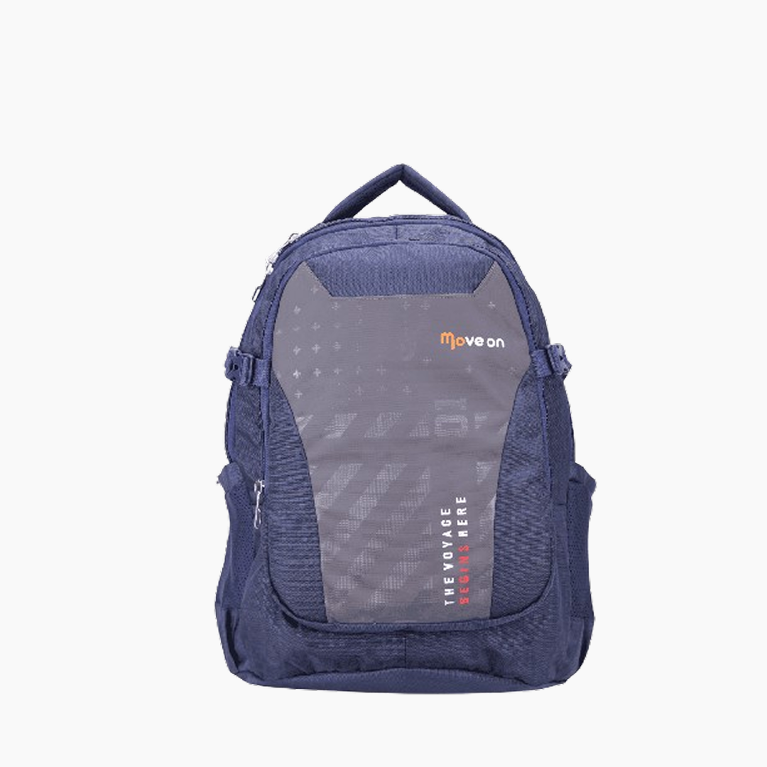 Blue backpack with a visible brand logo on a white background -Navy