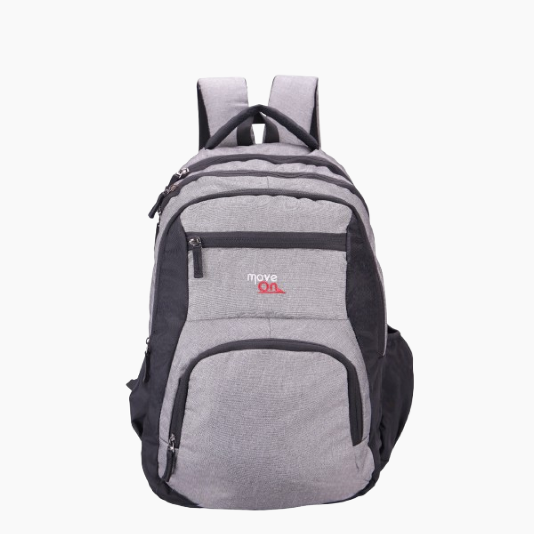 Gray and black backpack with a visible brand logo on a white background Off White