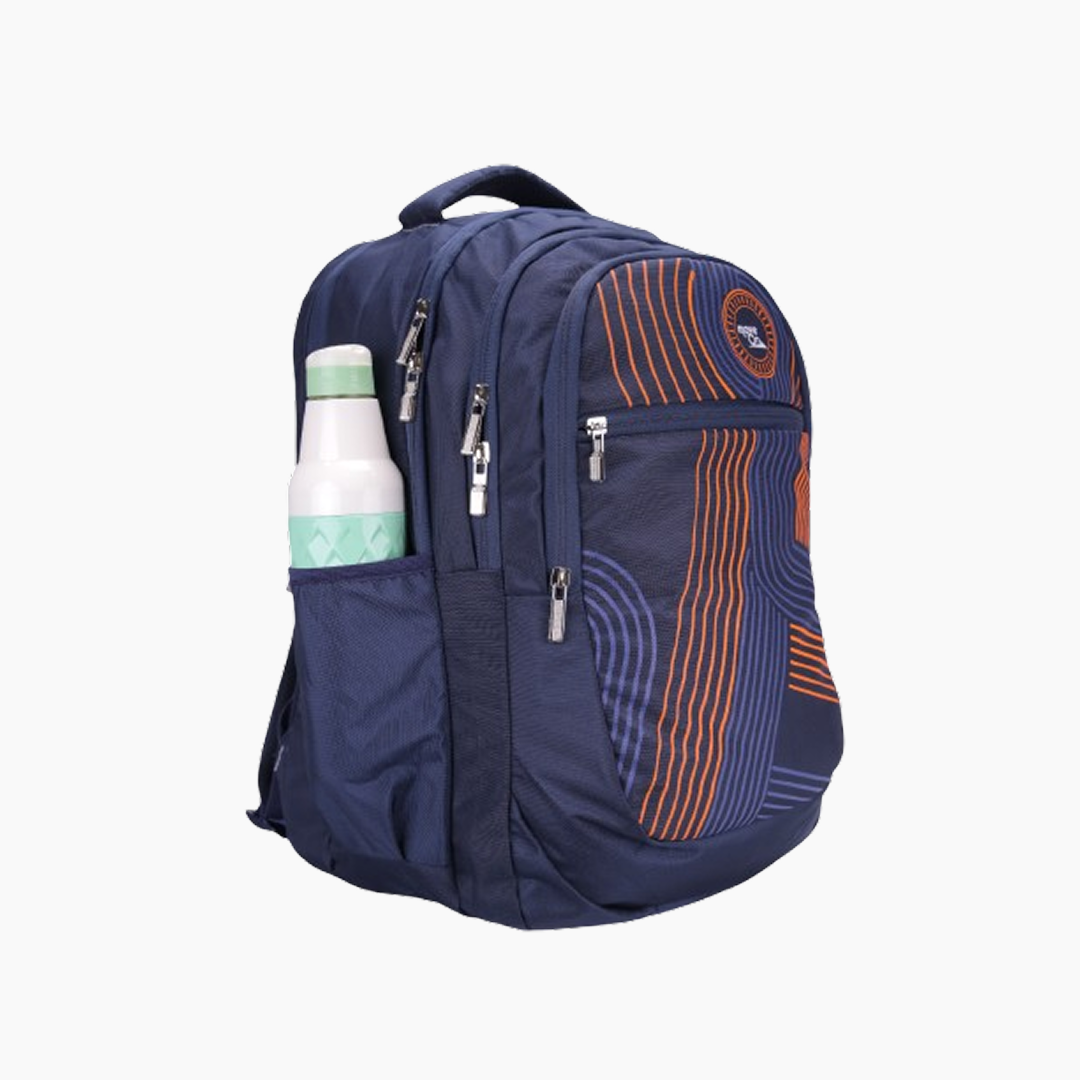 Navy blue backpack with orange patterns on a white background -Navy