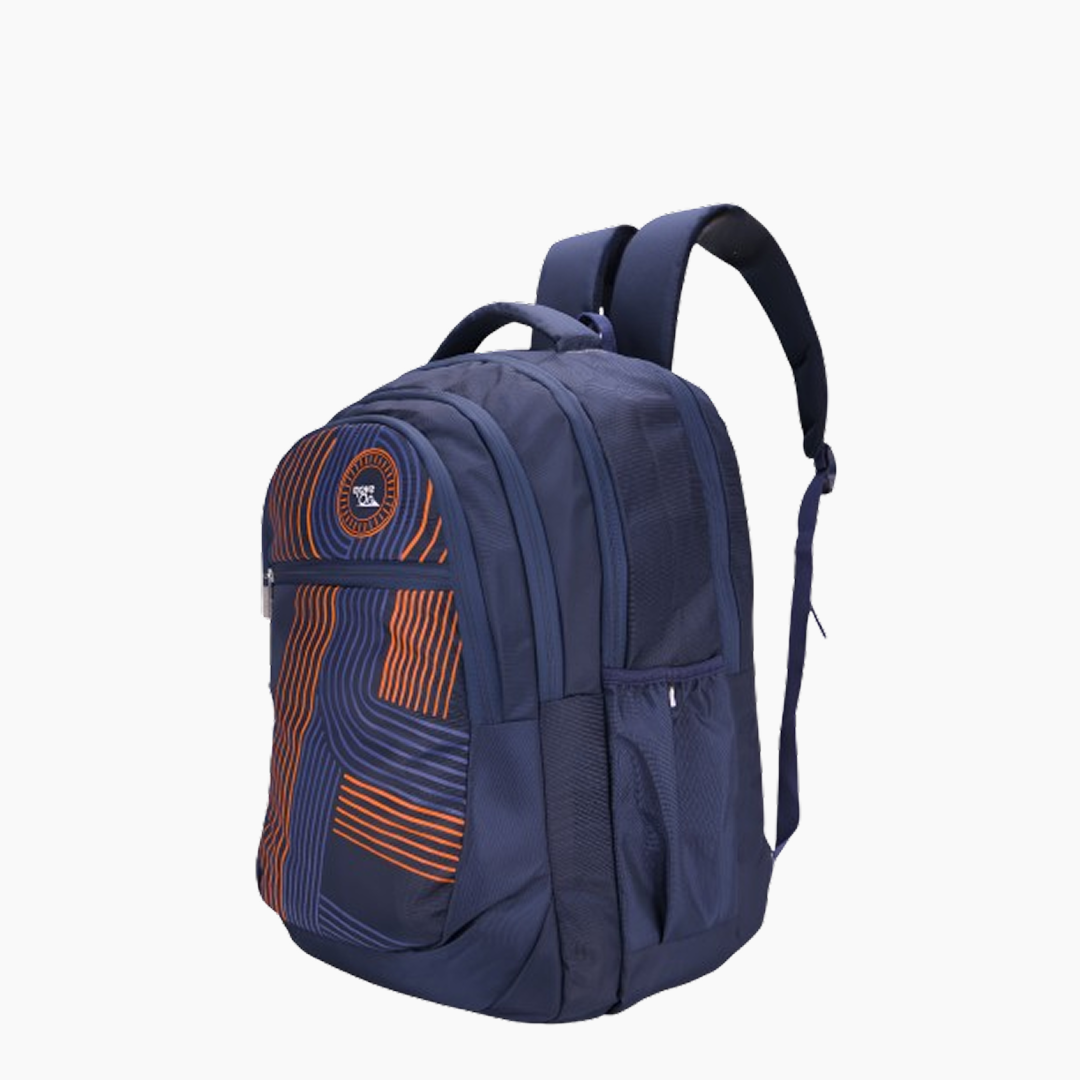 Navy blue backpack with orange patterns on a white background  -Navy