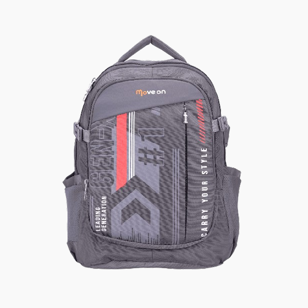Gray backpack with branding and text on a white background -Gray