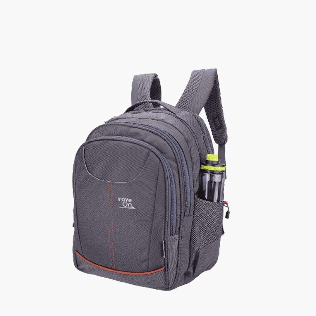 Gray backpack with a water bottle in a pocket on a white background -Grey