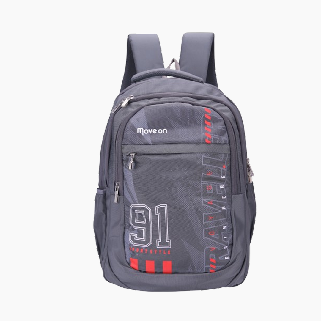 Gray backpack with text and numbers on a white background -Dark Grey