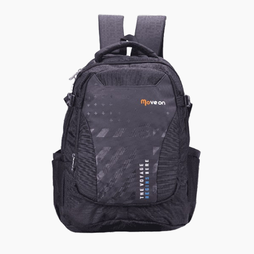 Black backpack with 'Moveon' branding on a white background  -Black