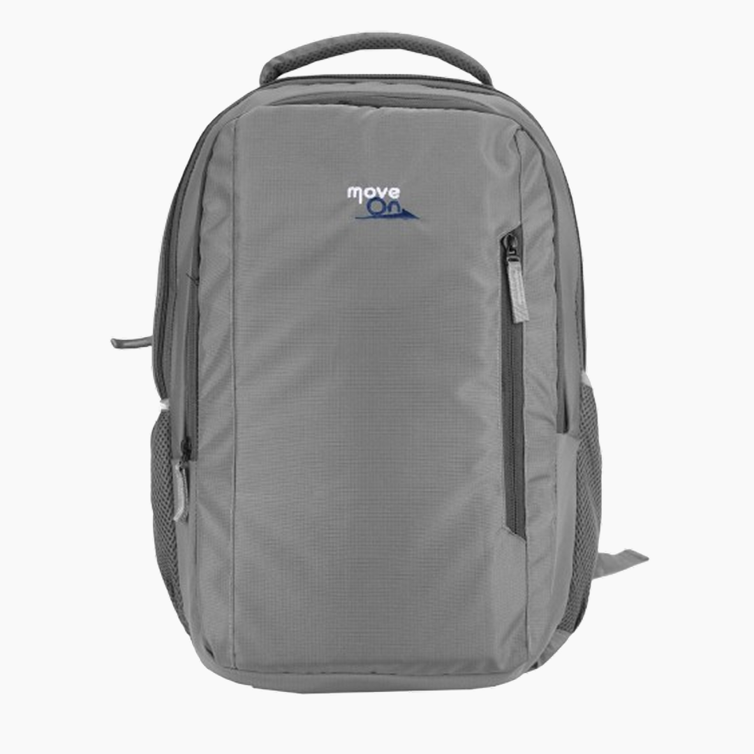 Gray backpack with a visible brand logo on a white background -Gray