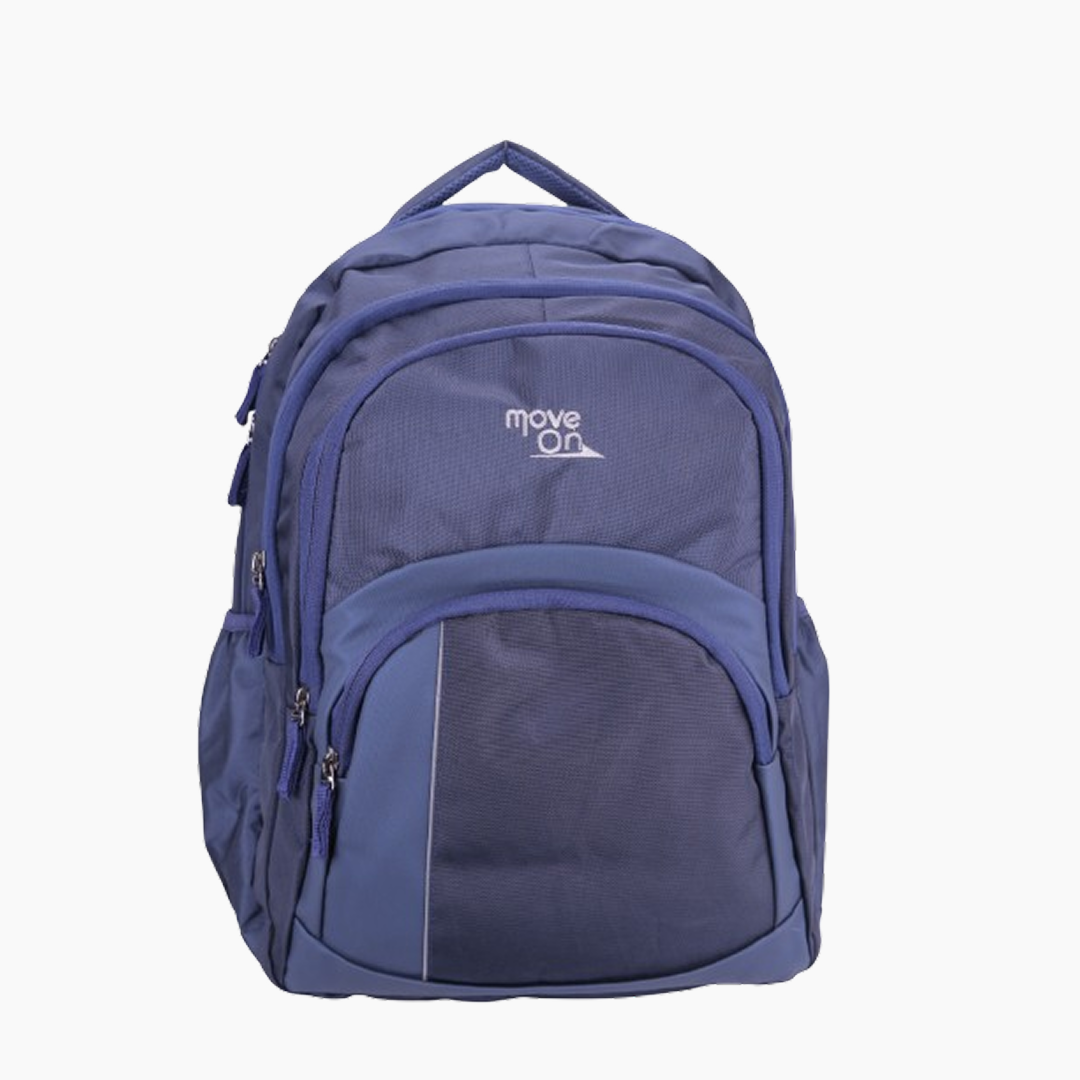 Blue backpack with 'move on' logo on a white background -Blue