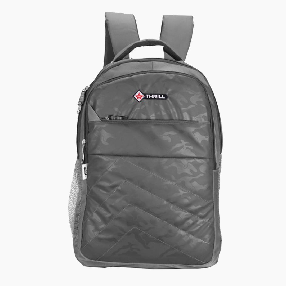 Gray backpack with a visible brand logo on a white background -Gray