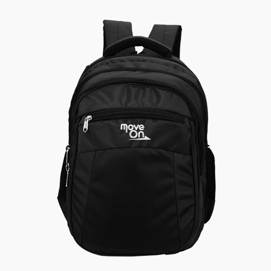 Black backpack with 'move on' logo on a white background -Black