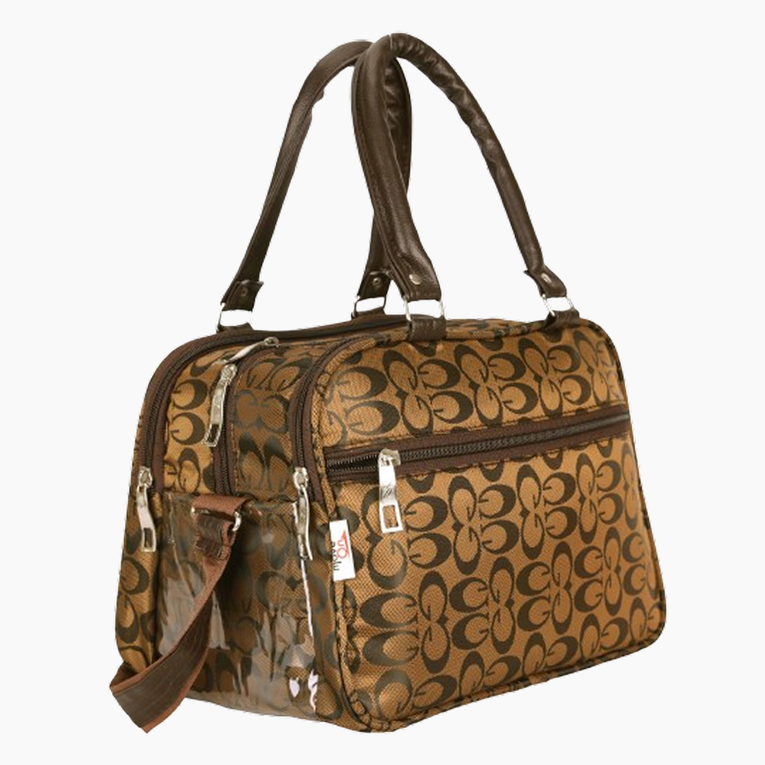 Brown patterned handbag with shoulder strap on a white background -Brown