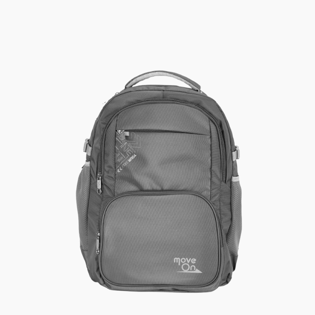 Gray backpack with 'moveOn' logo on a white background -Gray