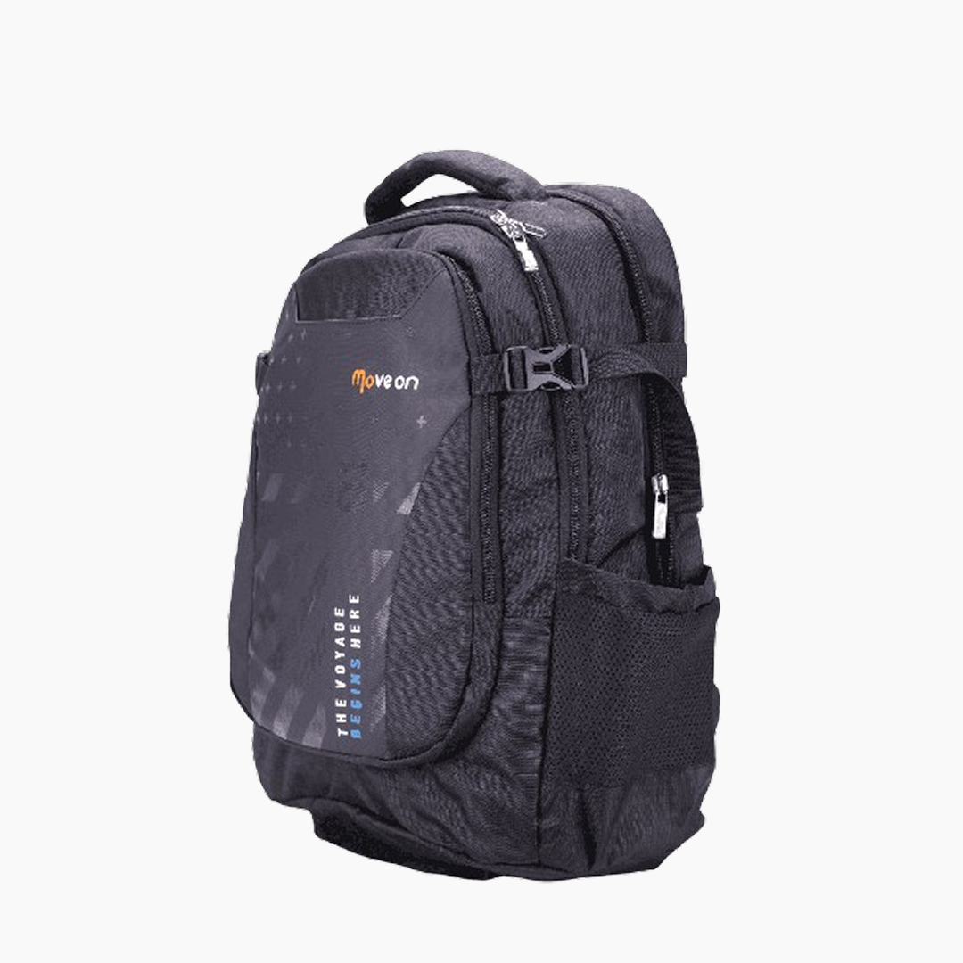 Black backpack with visible branding on a white background  -Black