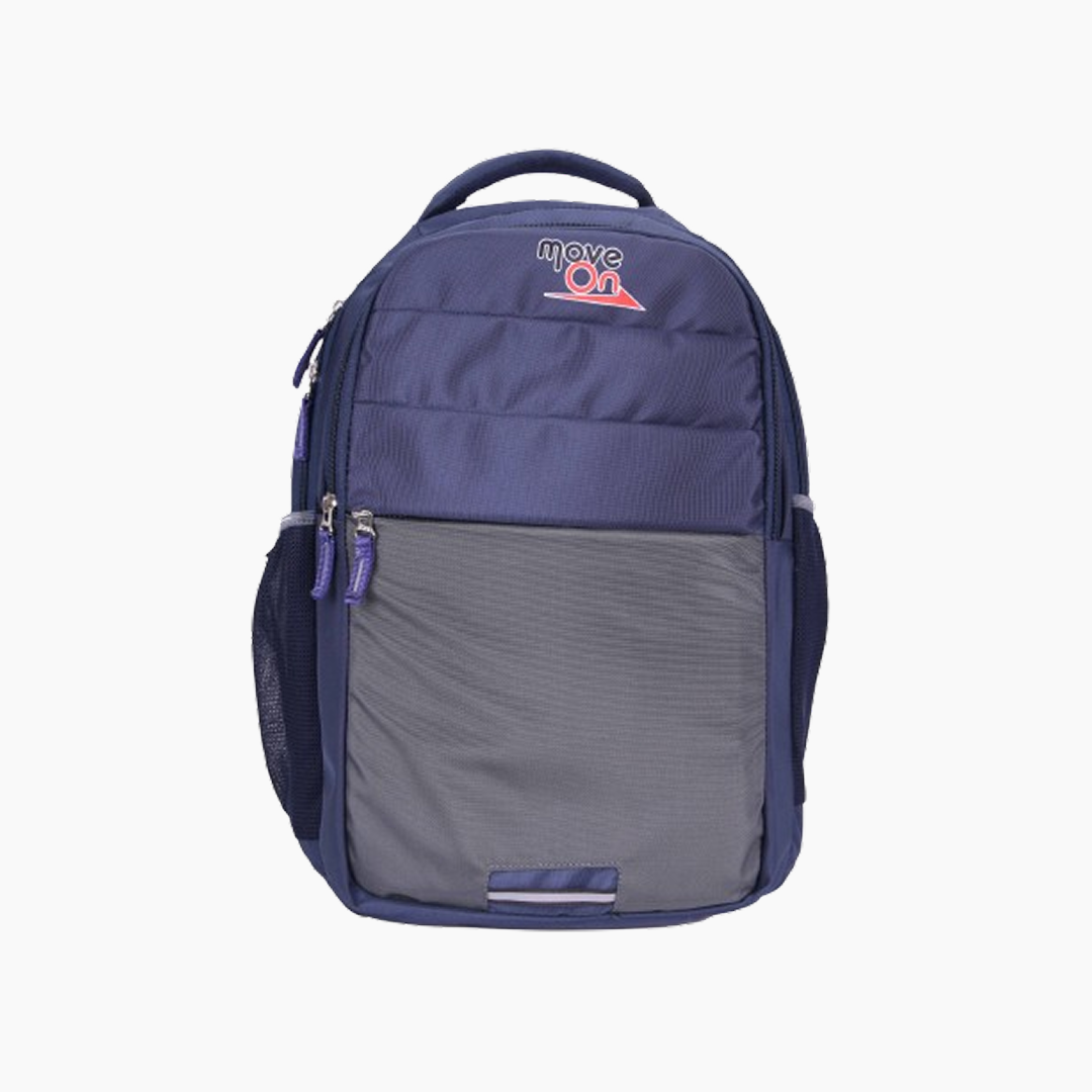 Navy and gray backpack with 'move on' logo on a white background -Navy