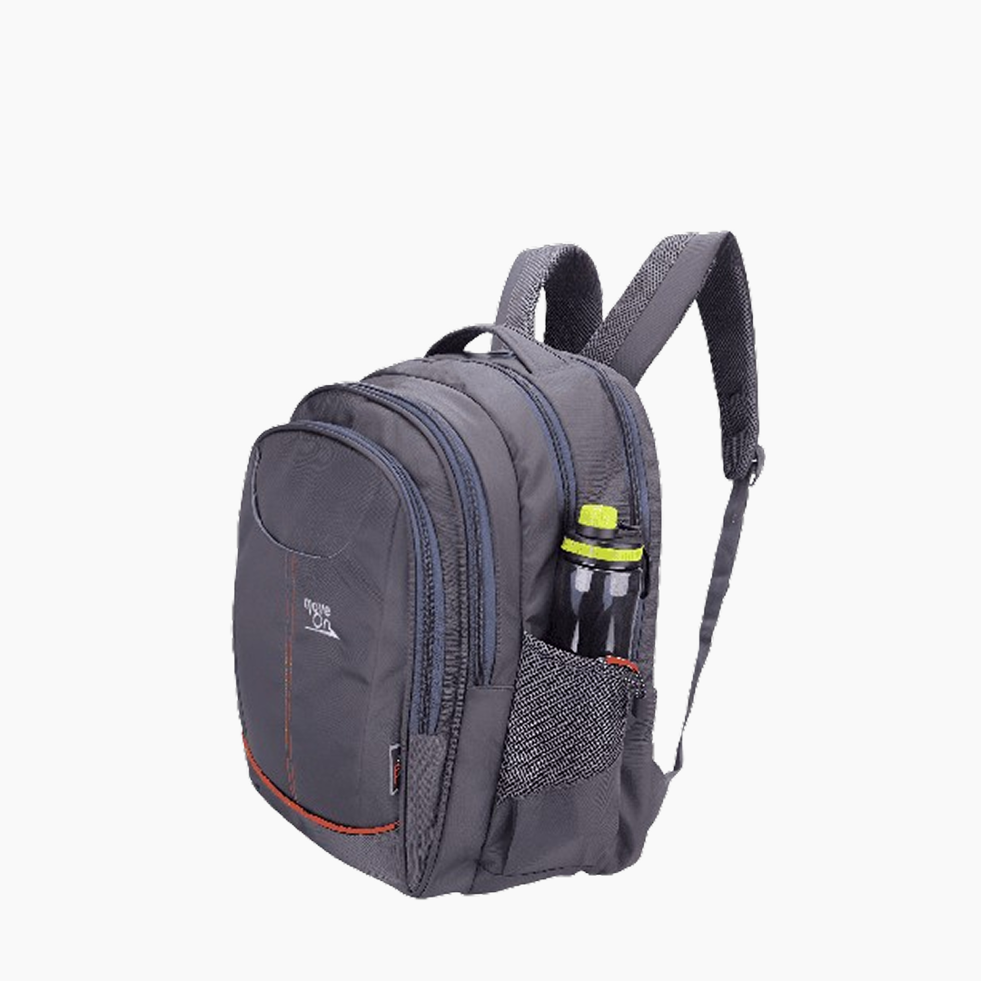 Gray backpack with a water bottle in a pocket on a white background -Grey