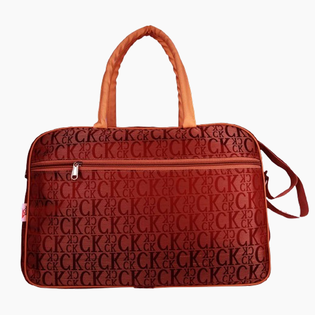 Brown handbag with a repeated logo pattern on a white background -Red