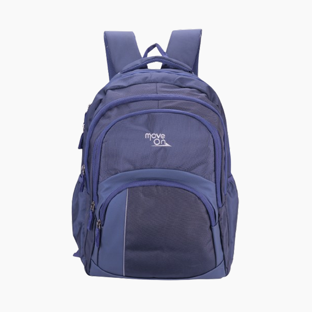 Blue backpack with 'move on' logo on a white background -Blue