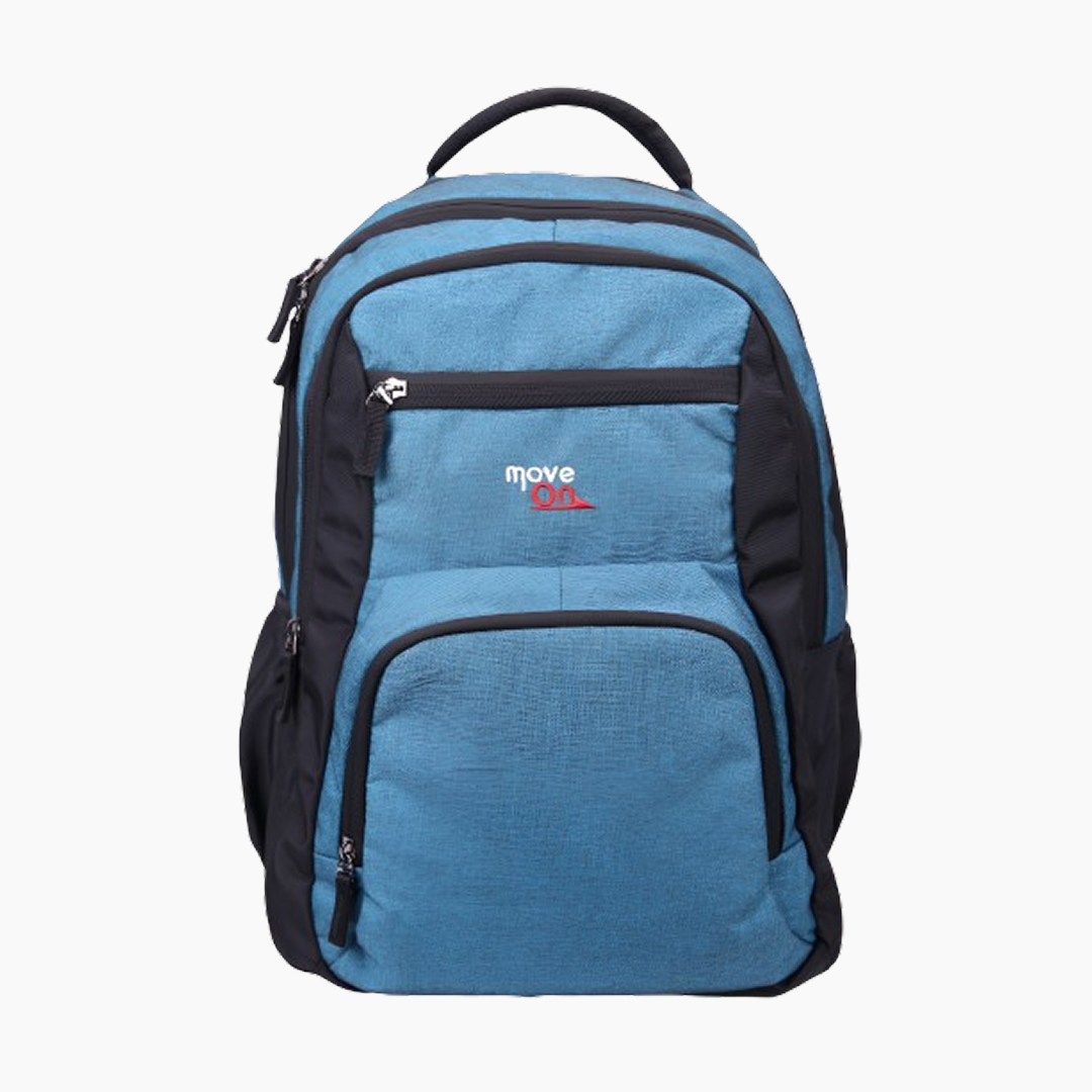 Blue backpack with black accents on a white background -Blue