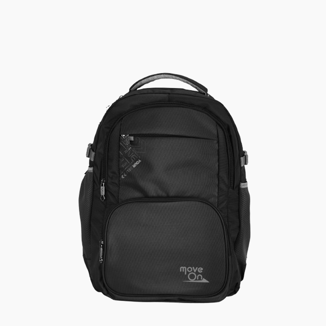 Black backpack with 'moveOn' branding on a white background -Black