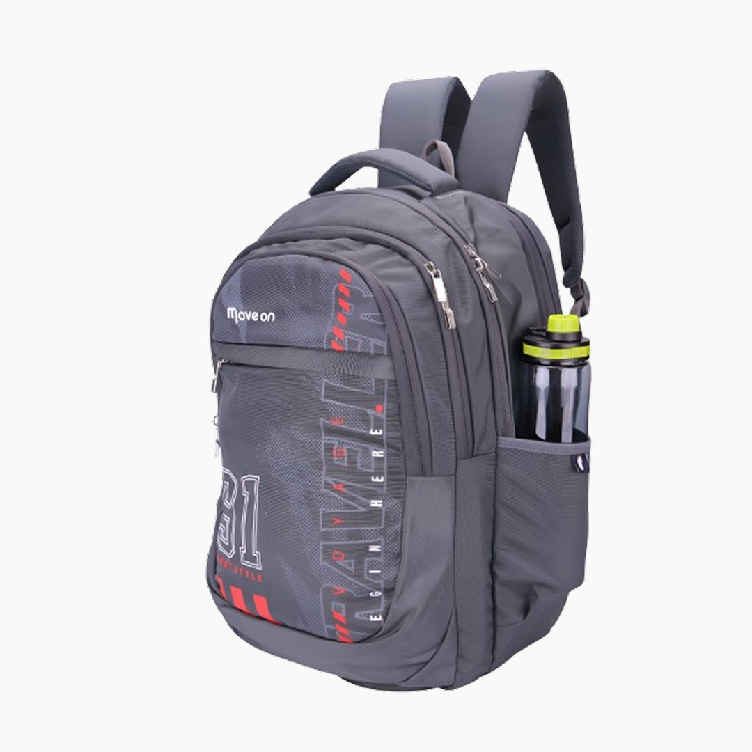Gray backpack with visible branding on a white background -Dark Grey