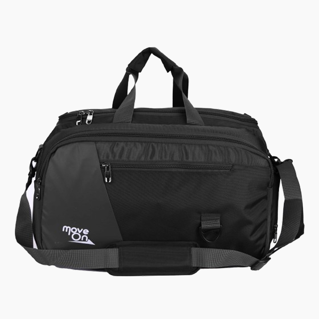 Black duffel bag with 'move on' logo on a white background -Black
