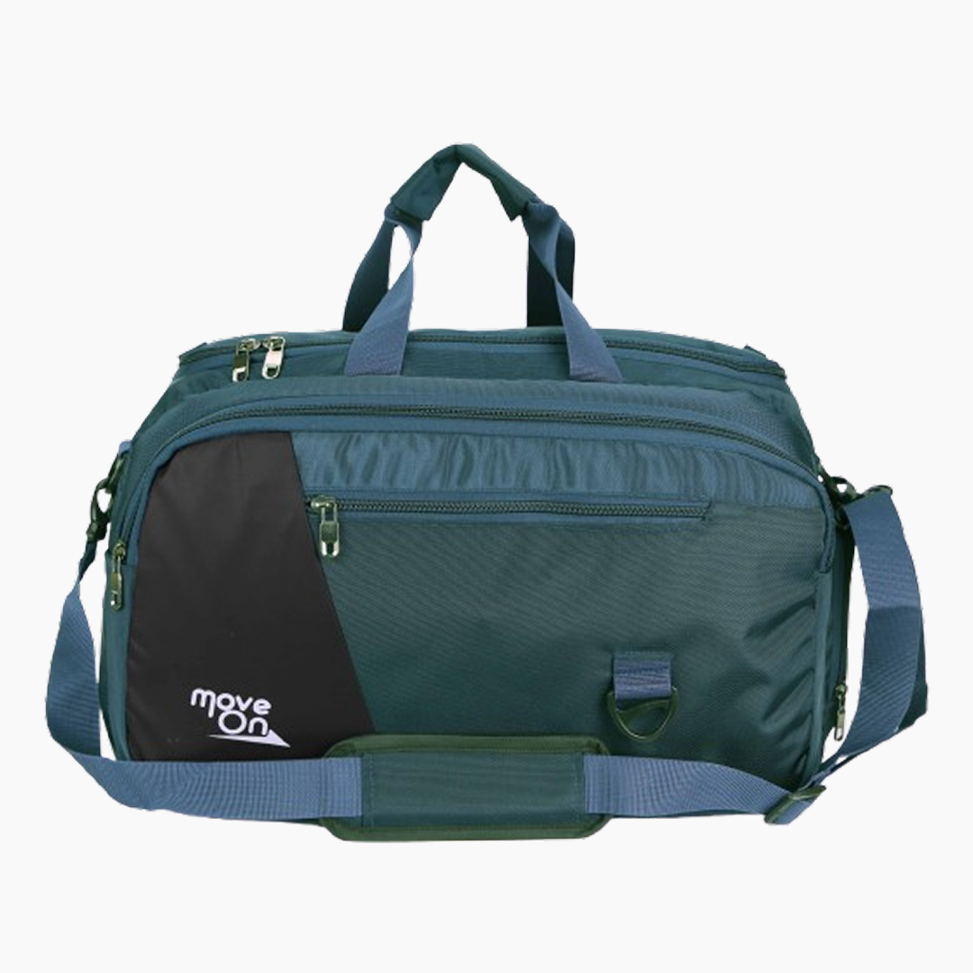Green and black travel bag with 'move on' logo on a white background -Green