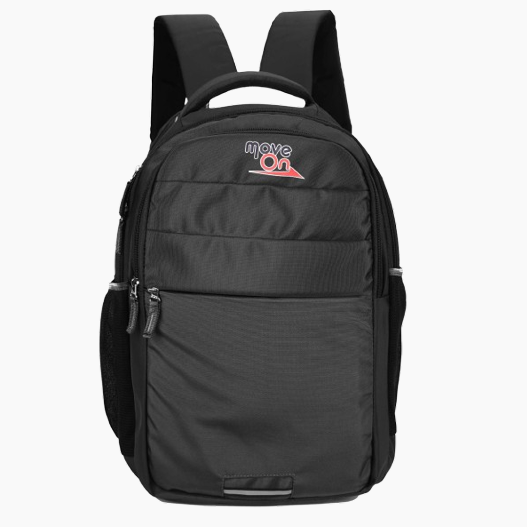 Black backpack with 'move on' logo on a white background -Black
