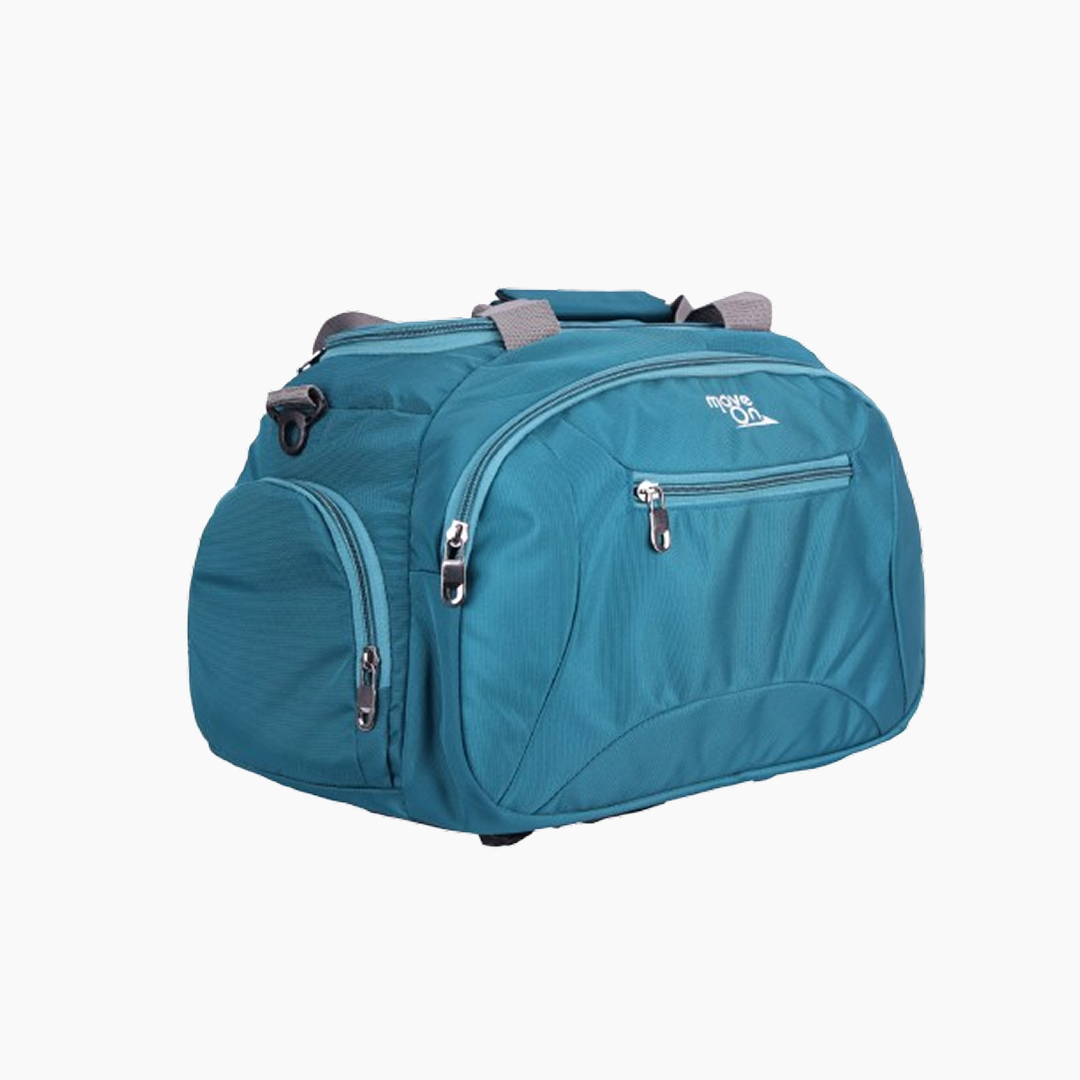 Teal duffel bag with multiple zippers on a white background -Blue