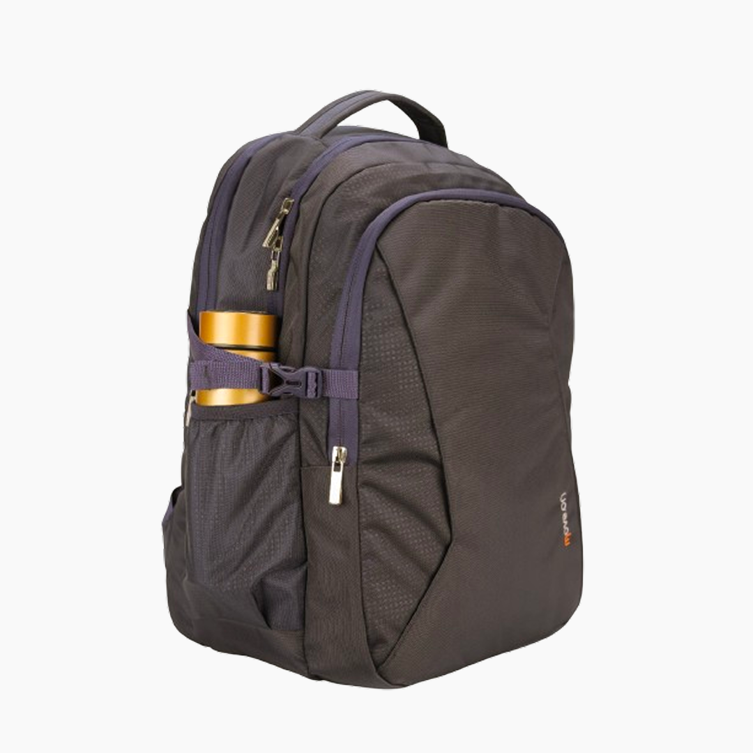 Gray backpack with a gold water bottle on a white background -Grey