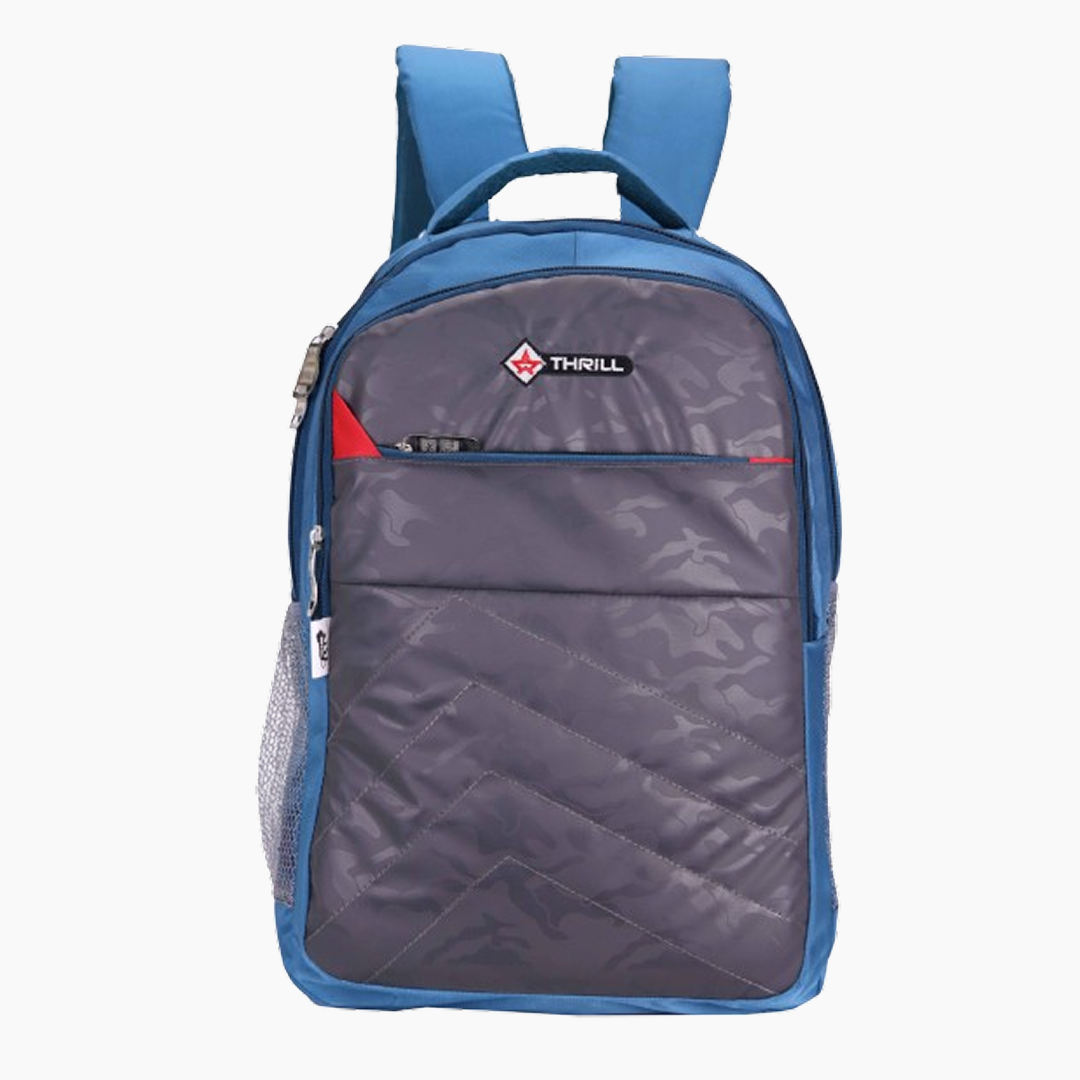 Blue and gray backpack with 'Thrill' brand logo on a white background -Blue