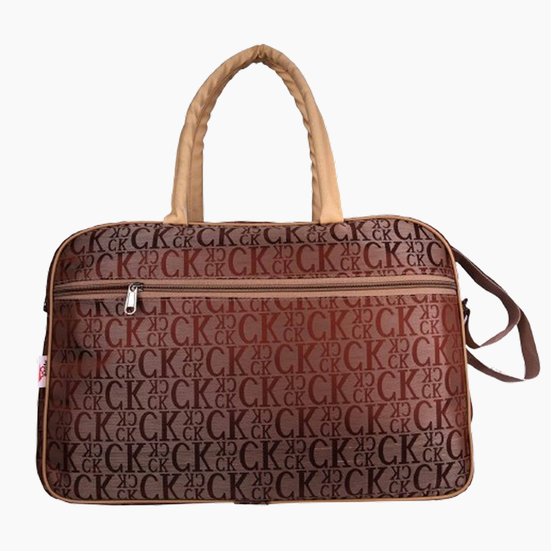 Brown handbag with a repeated logo pattern on a white background -Brown
