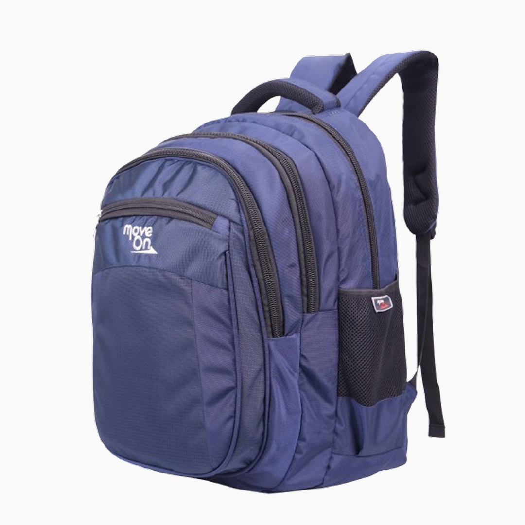 Blue backpack with visible brand logo on a white background -Navy