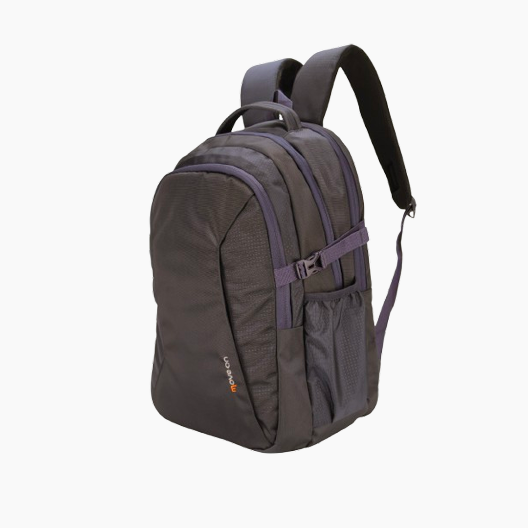 Gray backpack with purple accents on a white background -Grey