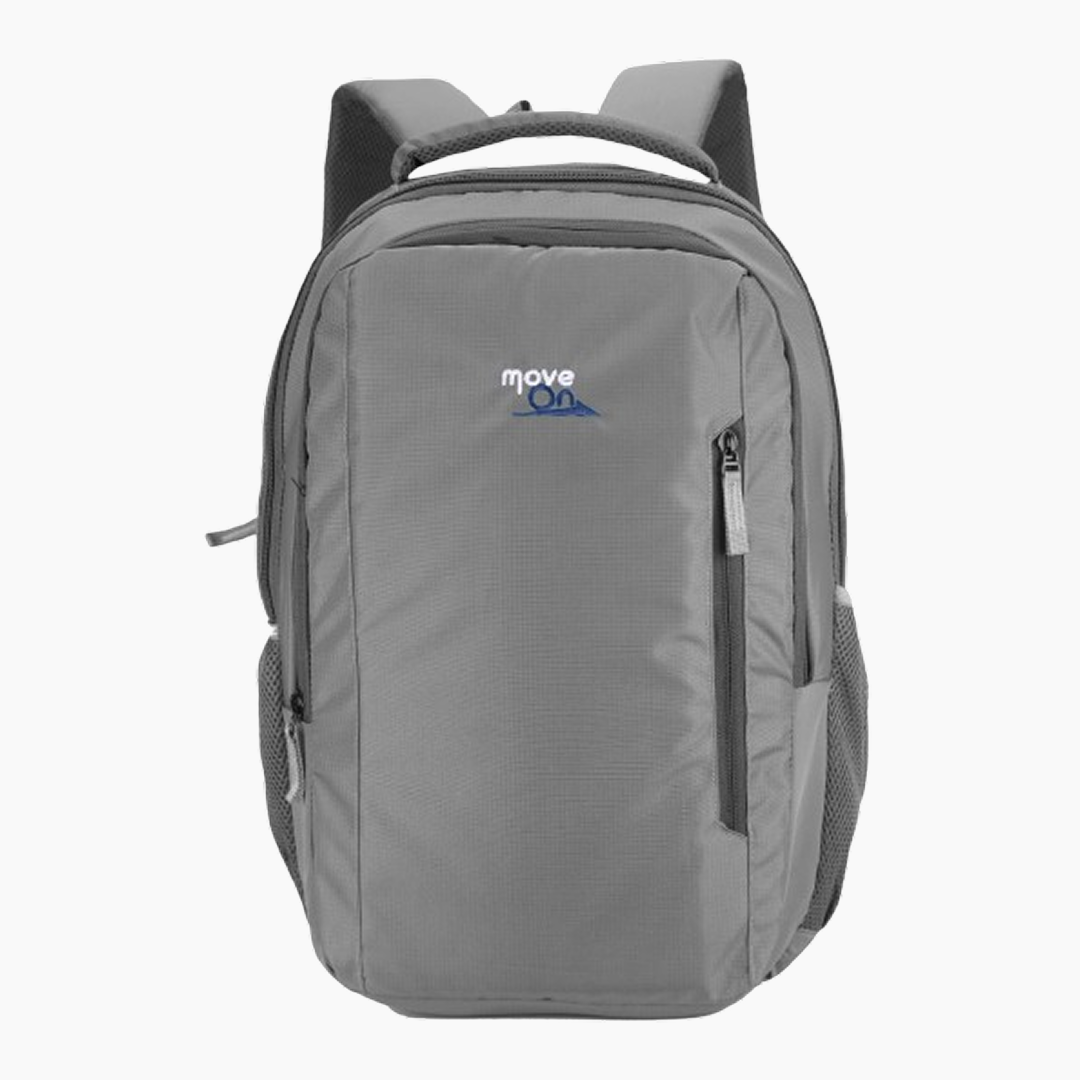 Gray backpack with 'move on' logo on a white background -Gray