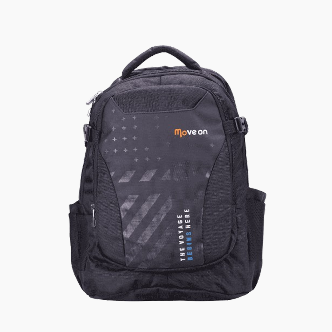 Black backpack with 'Move on' branding on a white background -Black