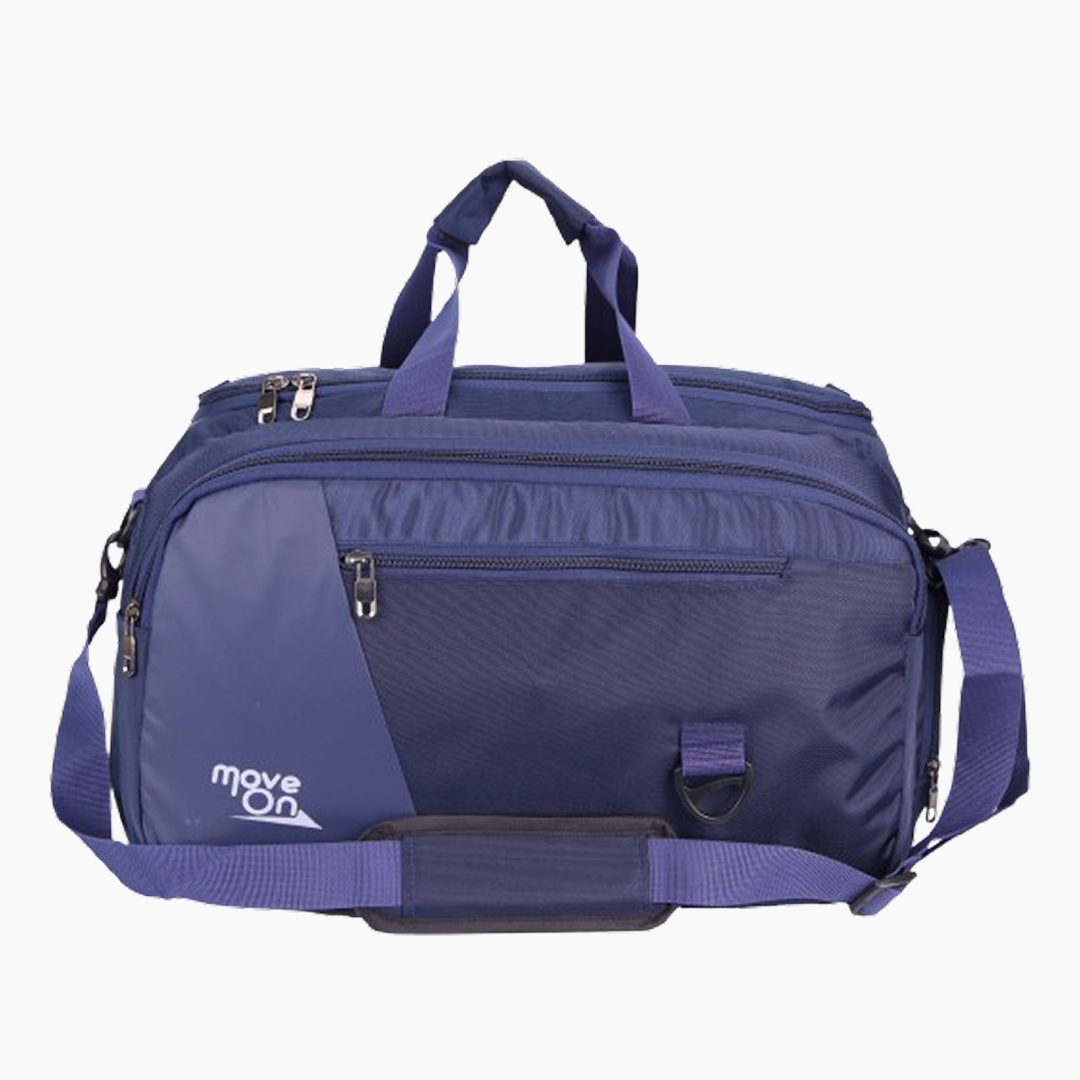 Blue duffel bag with 'move on' logo on a white background -Blue
