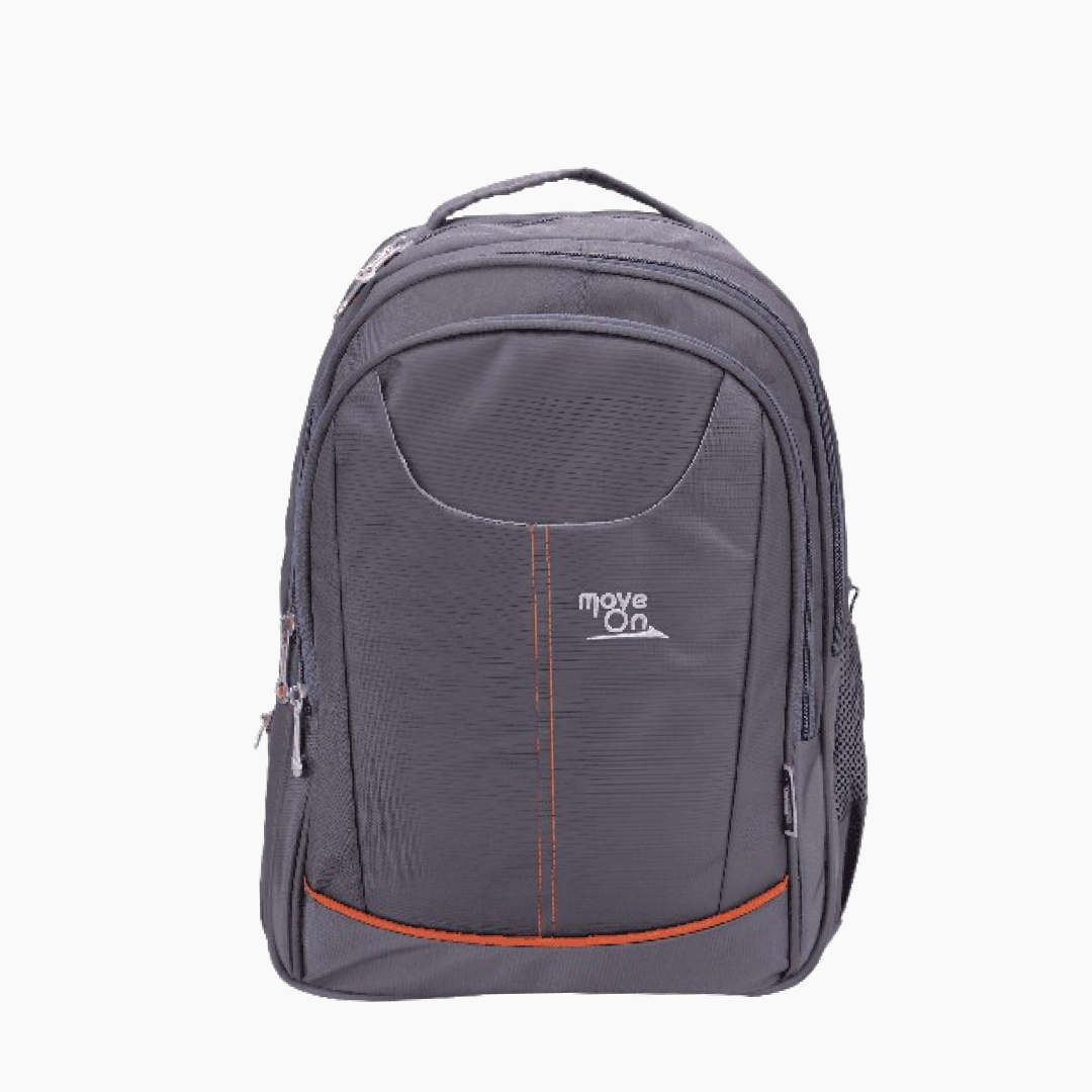 Gray backpack with 'moveOn' logo on a white background -Grey