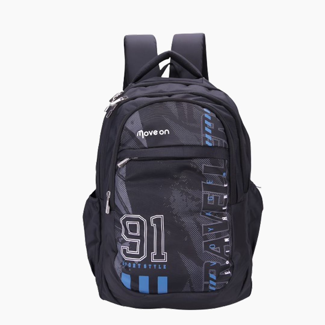 Black backpack with 'move on' branding and '91' design on a white background -Black