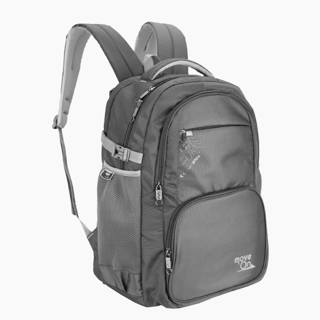 Gray backpack with multiple zippers on a white background -Gray
