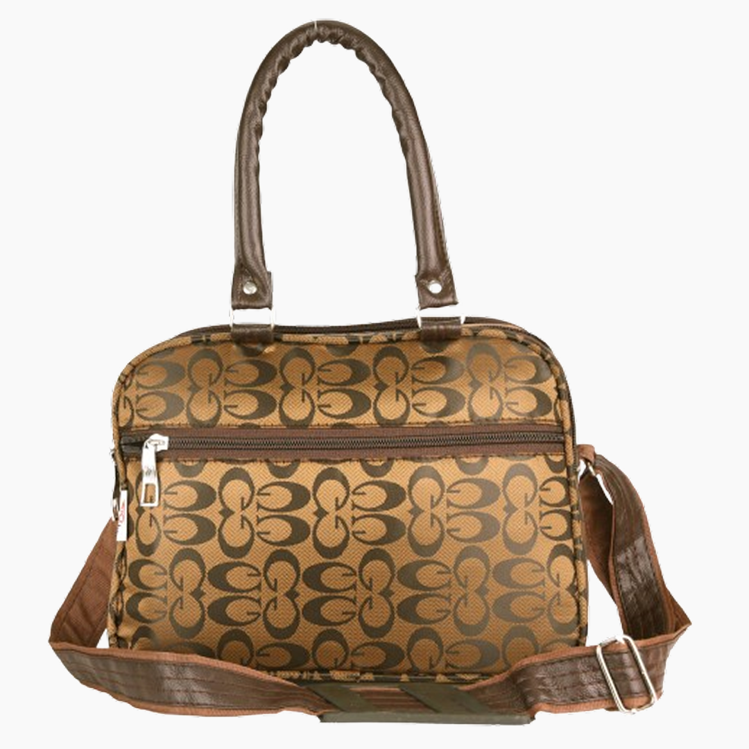 Brown patterned handbag with a shoulder strap on a white background -Brown
